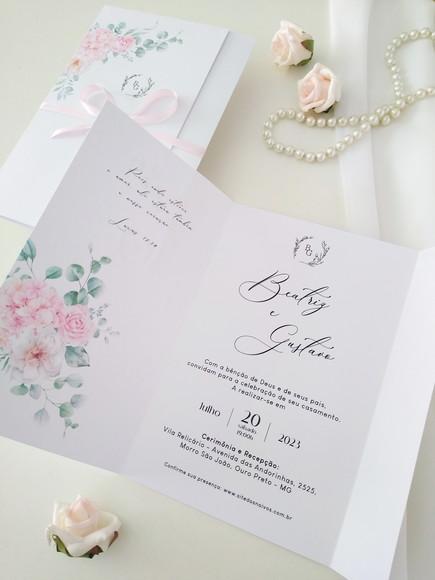 Convite Casamento Floral Rosa | Coleção Pétala