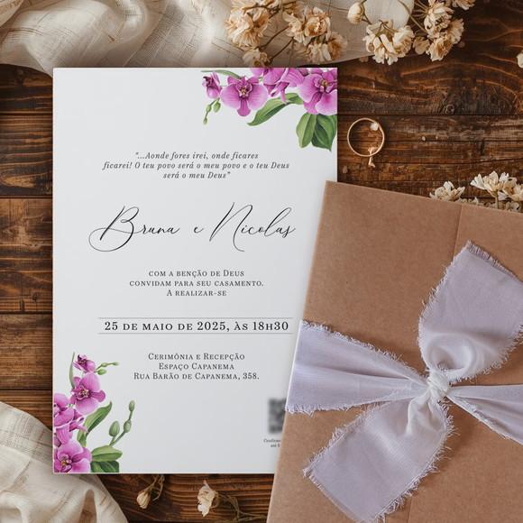 Convite Casamento Orquidea Fúcsia Rústico | Coleção Rubi