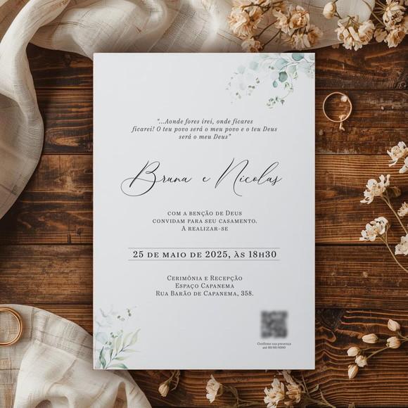 Convite Casamento Folhas Eucalipto | Rústico | Coleção Bruma
