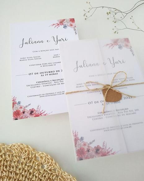 Convite Casamento Papel Vegetal Floral Boho Chic