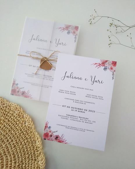 Convite Casamento Papel Vegetal Floral Boho Chic
