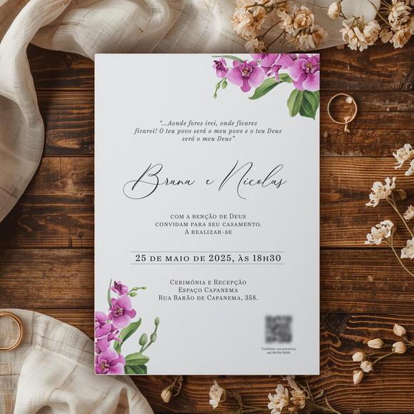 Convite Casamento Orquidea Fúcsia Rústico | Coleção Rubi