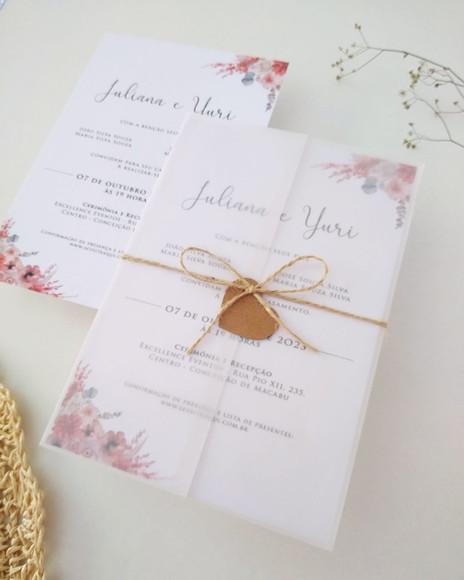 Convite Casamento Papel Vegetal Floral Boho Chic