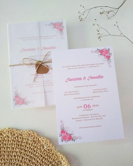 Convite Casamento Papel Vegetal Floral Coral