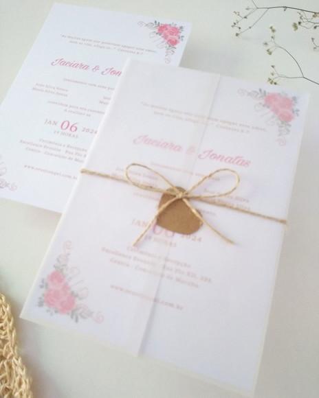 Convite Casamento Papel Vegetal Floral Coral
