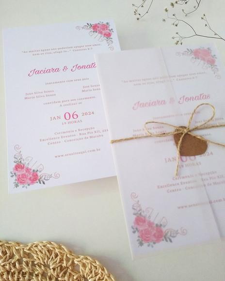 Convite Casamento Papel Vegetal Floral Coral