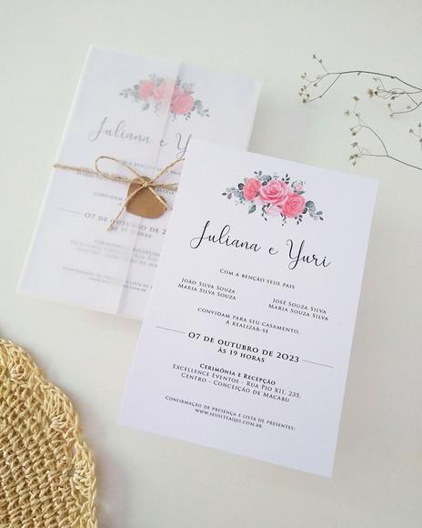 Convite Casamento Papel Vegetal Floral Coral