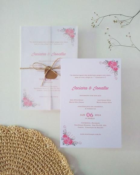 Convite Casamento Papel Vegetal Floral Coral