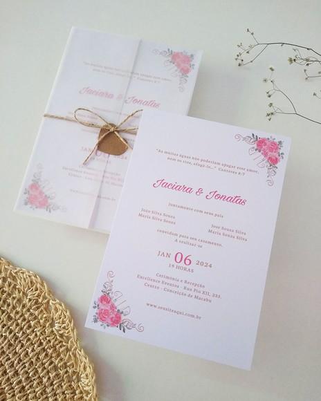 Convite Casamento Papel Vegetal Floral Coral