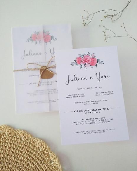 Convite Casamento Papel Vegetal Floral Coral