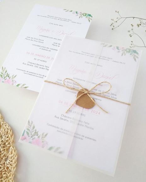 Convite Casamento Papel Vegetal Minimalista Floral