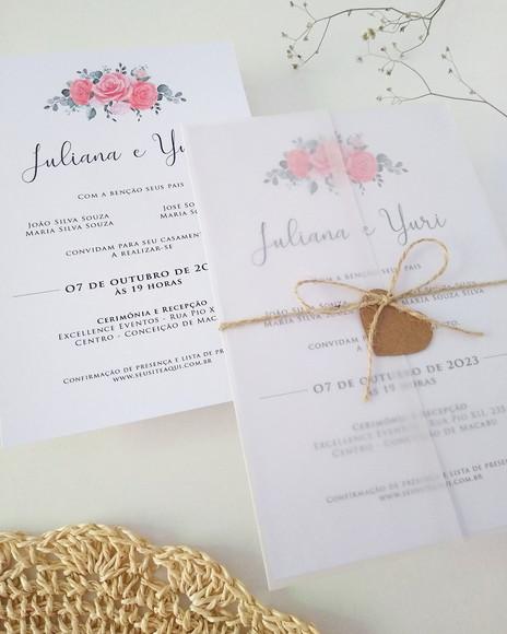 Convite Casamento Papel Vegetal Floral Coral