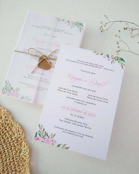 Convite Casamento Papel Vegetal Minimalista Floral