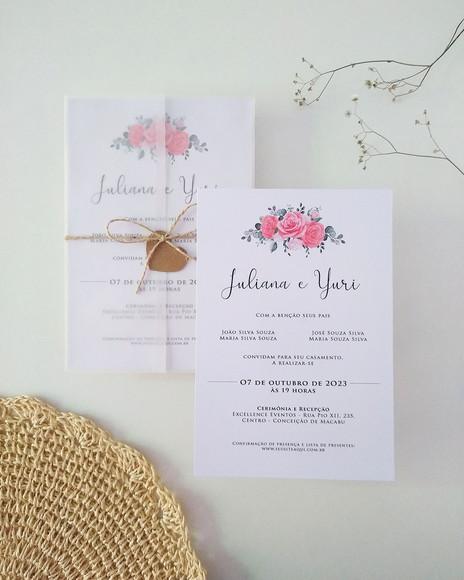 Convite Casamento Papel Vegetal Floral Coral