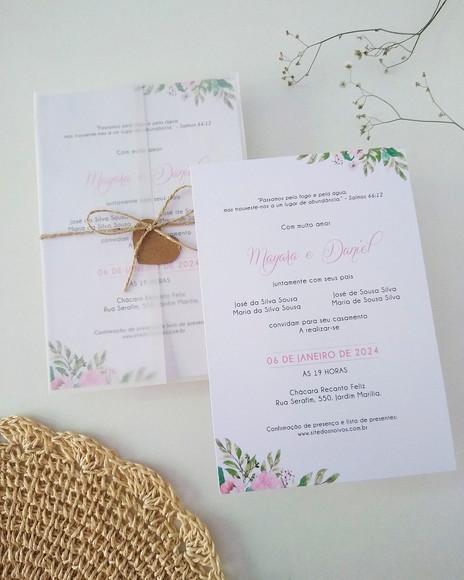 Convite Casamento Papel Vegetal Minimalista Floral
