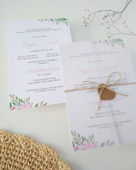 Convite Casamento Papel Vegetal Minimalista Floral