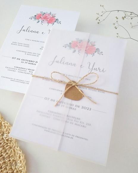 Convite Casamento Papel Vegetal Floral Coral