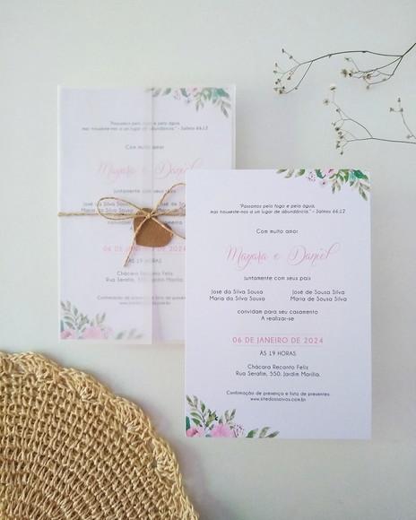 Convite Casamento Papel Vegetal Minimalista Floral