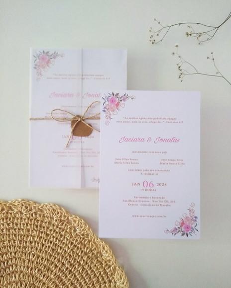 Convite Casamento Papel Vegetal Minimalista Floral Candy