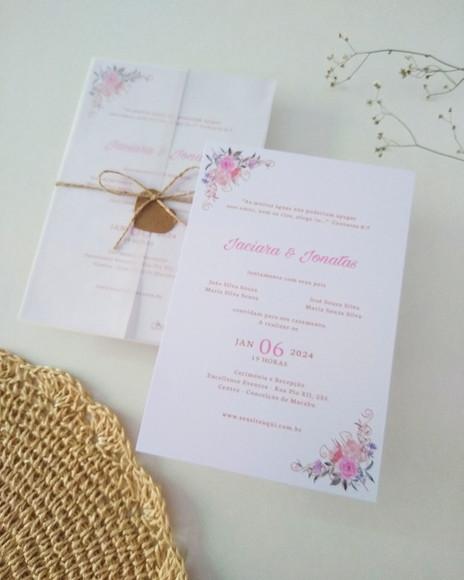 Convite Casamento Papel Vegetal Minimalista Floral Candy