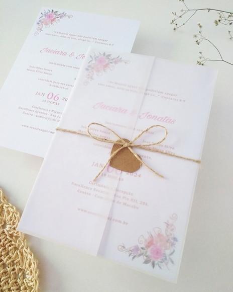 Convite Casamento Papel Vegetal Minimalista Floral Candy
