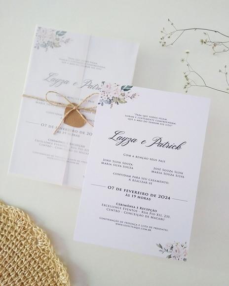 Convite Casamento Papel Vegetal Minimalista Floral Branco