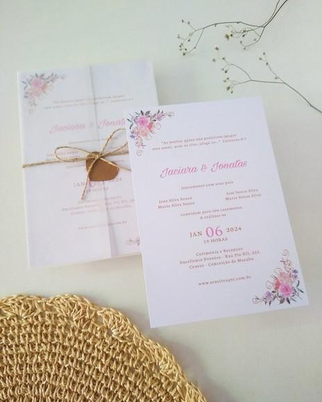 Convite Casamento Papel Vegetal Minimalista Floral Candy