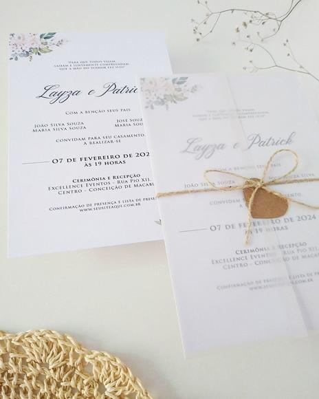 Convite Casamento Papel Vegetal Minimalista Floral Branco