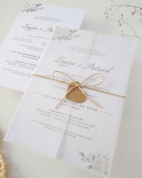 Convite Casamento Papel Vegetal Minimalista Floral Branco