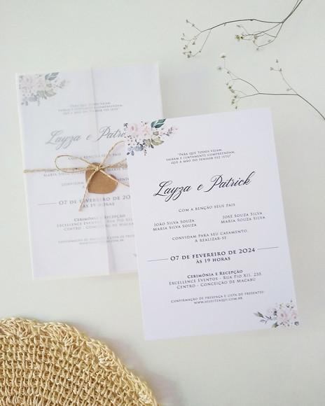 Convite Casamento Papel Vegetal Minimalista Floral Branco