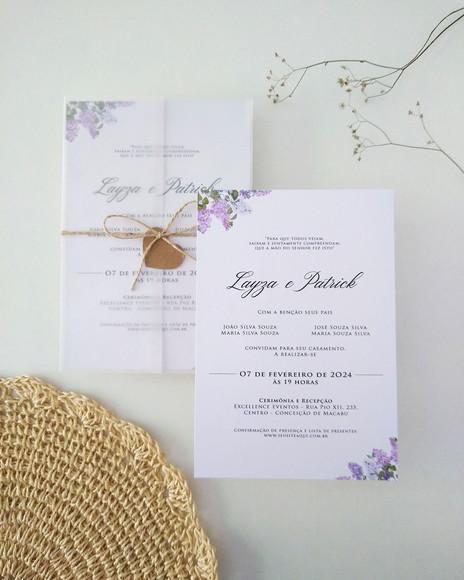 Convite Casamento Papel Vegetal Minimalista Floral Lavanda