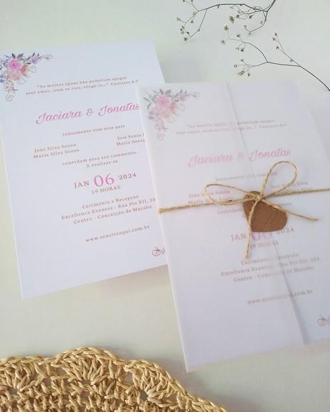 Convite Casamento Papel Vegetal Minimalista Floral Candy