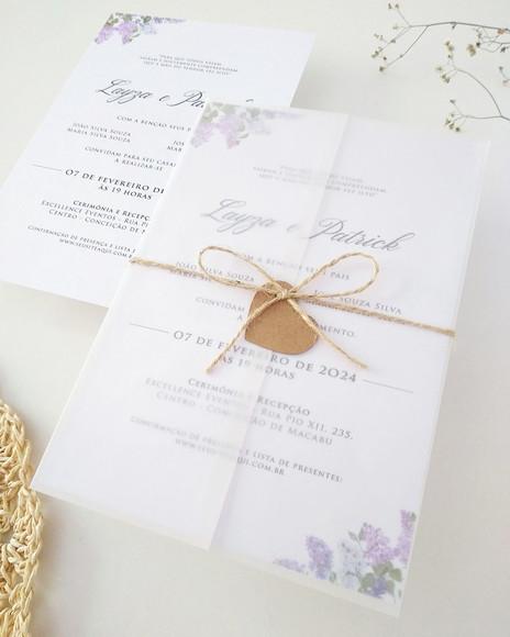 Convite Casamento Papel Vegetal Minimalista Floral Lavanda