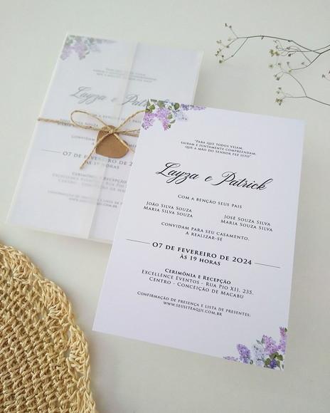 Convite Casamento Papel Vegetal Minimalista Floral Lavanda