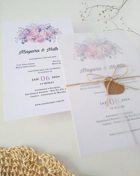 Convite Casamento Papel Vegetal Minimalista Floral Lilás