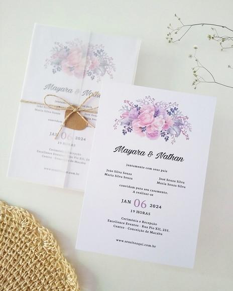Convite Casamento Papel Vegetal Minimalista Floral Lilás