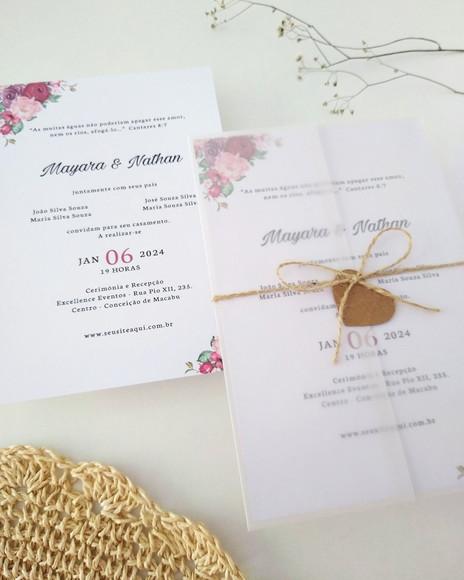 Convite Casamento Papel Vegetal Minimalista Floral Marsala