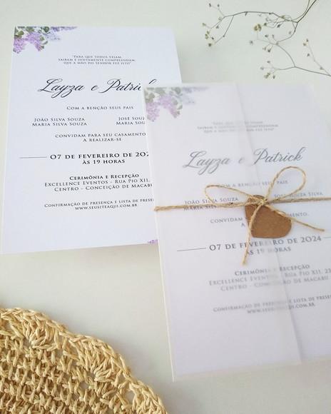 Convite Casamento Papel Vegetal Minimalista Floral Lavanda