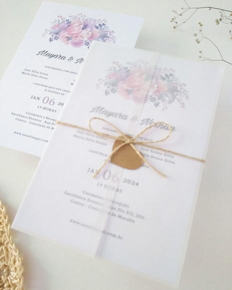 Convite Casamento Papel Vegetal Minimalista Floral Lilás