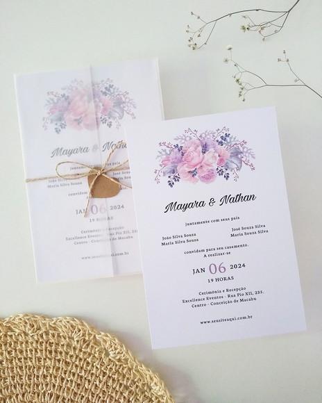 Convite Casamento Papel Vegetal Minimalista Floral Lilás