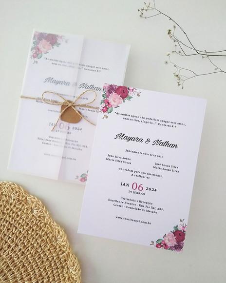 Convite Casamento Papel Vegetal Minimalista Floral Marsala