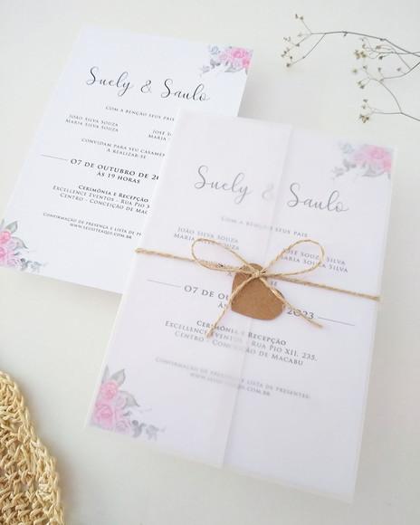 Convite Casamento Papel Vegetal Minimalista Floral Rosa