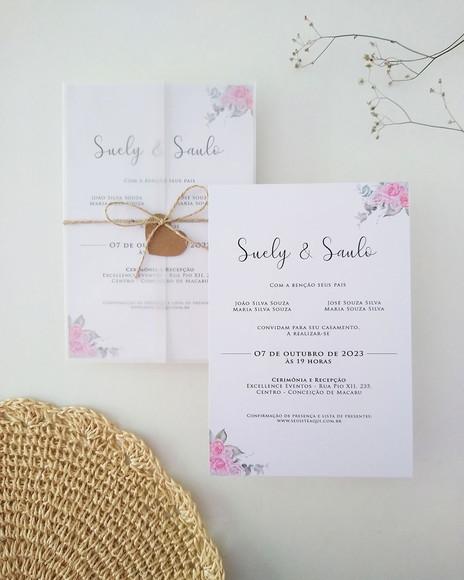 Convite Casamento Papel Vegetal Minimalista Floral Rosa