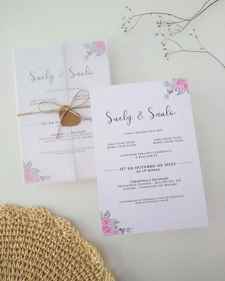 Convite Casamento Papel Vegetal Minimalista Floral Rosa
