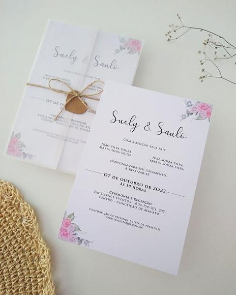 Convite Casamento Papel Vegetal Minimalista Floral Rosa