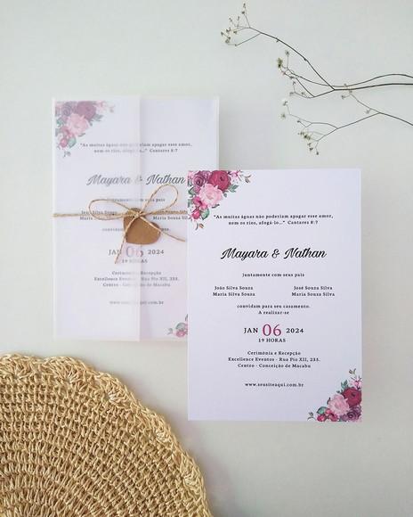 Convite Casamento Papel Vegetal Minimalista Floral Marsala