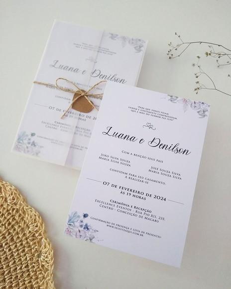Convite Casamento Papel Vegetal Minimalista Floral Rústico