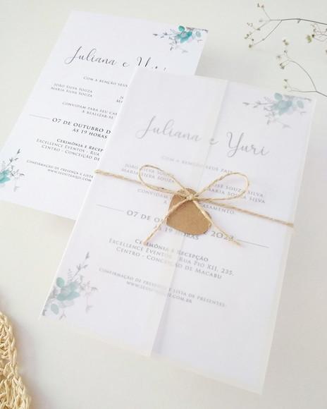Convite Casamento Papel Vegetal Minimalista Folhas Verdes
