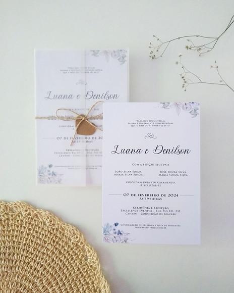 Convite Casamento Papel Vegetal Minimalista Floral Rústico