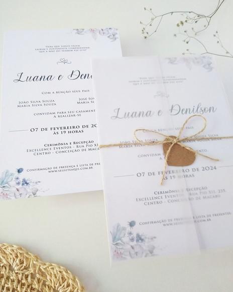 Convite Casamento Papel Vegetal Minimalista Floral Rústico